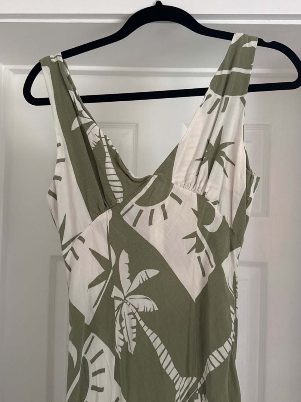 Olive & White Midi Dress with Tropical Print